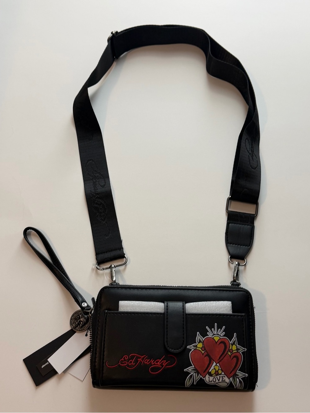Ed Hardy Black Crossbody Wallet Bag Red Heart Graphic Wallet NWT